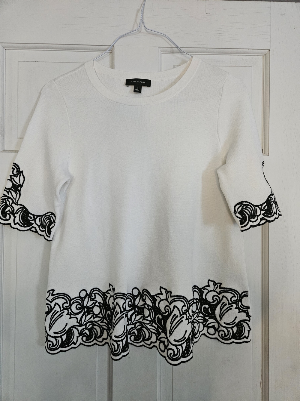 Ann Taylor White Short-Sleeve Top with Black Floral Border